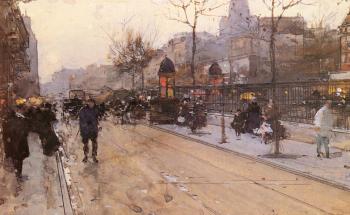 A Parisian Street Scene with Sacre Coeur in the distance